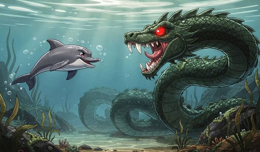 delfín a veľká morská príšera s červenými očami ilustrácia