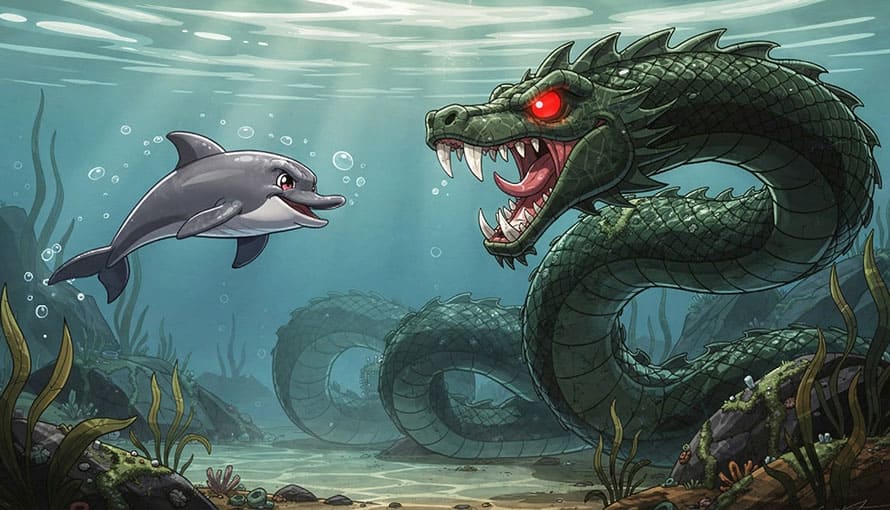 delfín a veľká morská príšera s červenými očami ilustrácia