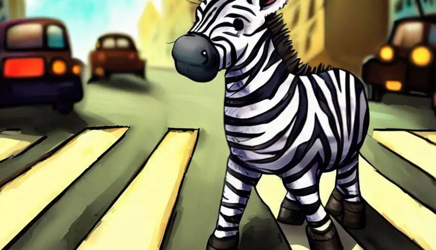 Kreslená zebra stojí na priechode pre chodcov na mestskej ulici, v pozadí sú autá a budovy.