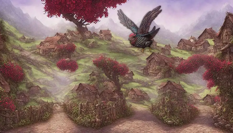 Obrovský vták letí nad dedinou s kamennými domčekmi a červeno rozkvitnutými stromami vo fantastickej krajine.
