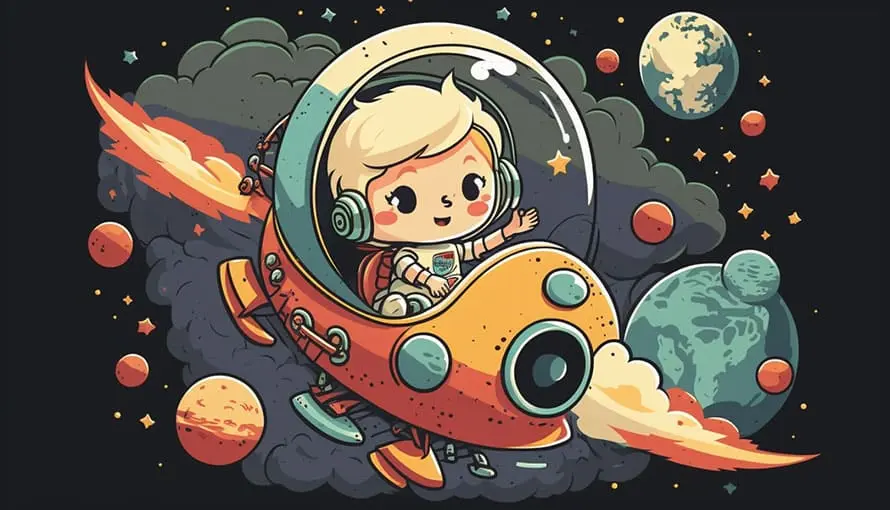 Kreslený detský astronaut vo vesmírnej lodi letiaci farebným vesmírom s planétami.