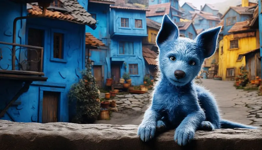 Pred farebnými modrými a žltými dedinskými budovami sedí modrá bytosť podobná líške.