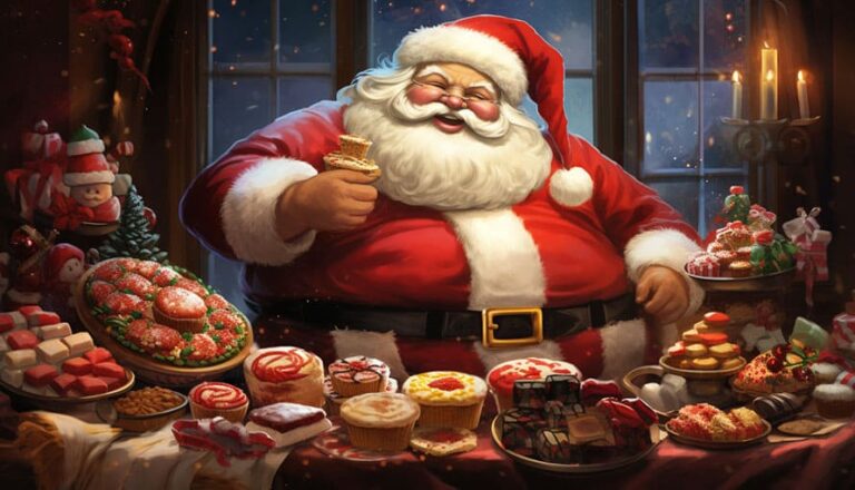 Santa Claus si vychutnáva sušienky a zákusky na slávnostnom stole s vianočnými ozdobami.