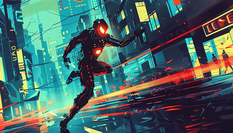 Futuristický robot beží po neónovo osvetlenej mestskej ulici a zanecháva za sebou žiariace stopy.
