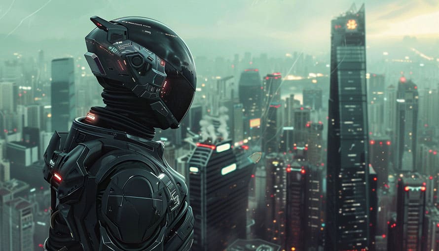 Osoba vo futuristickom čiernom brnení stojí na streche s výhľadom na mesto s vysokými modernými mrakodrapmi za súmraku.