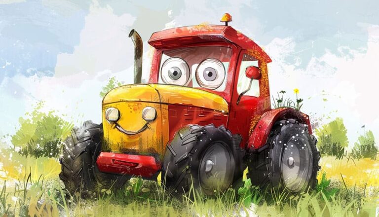 Kreslený červenožltý traktor s veľkými očami a usmievavou tvárou, ktorý sedí na trávnatom poli pod modrou oblohou.