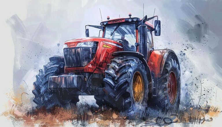 Červený traktor s veľkými kolesami stojí na zablatenom poli, zobrazený v dynamickom, umeleckom štýle.