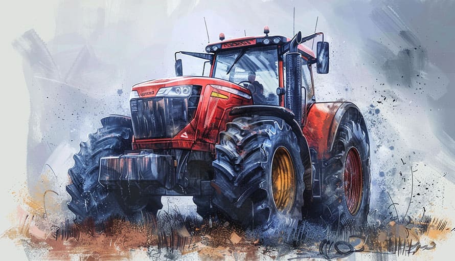 Červený traktor s veľkými kolesami stojí na zablatenom poli, zobrazený v dynamickom, umeleckom štýle.