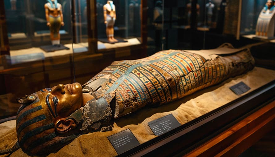 Staroegyptský sarkofág s farebnými hieroglyfmi vystavený v múzejnej expozícii.