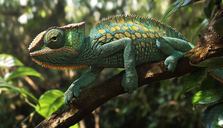 Farebný chameleón s modrými a žltými škvrnami odpočíva na konári stromu v zelenom lese.