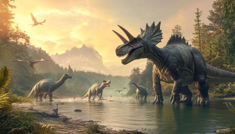 Dinosaury sa brodia v rieke obklopenej stromami a horami pri západe slnka a na oblohe lietajú plazy.