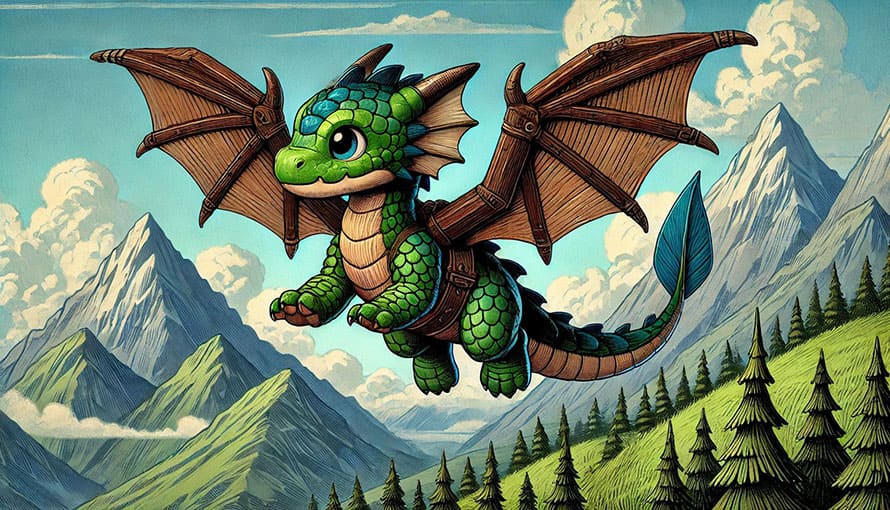 Roztomilý kreslený zelený drak s veľkými očami a drevenými krídlami letí nad horami a borovicami pod modrou oblohou s mrakmi.