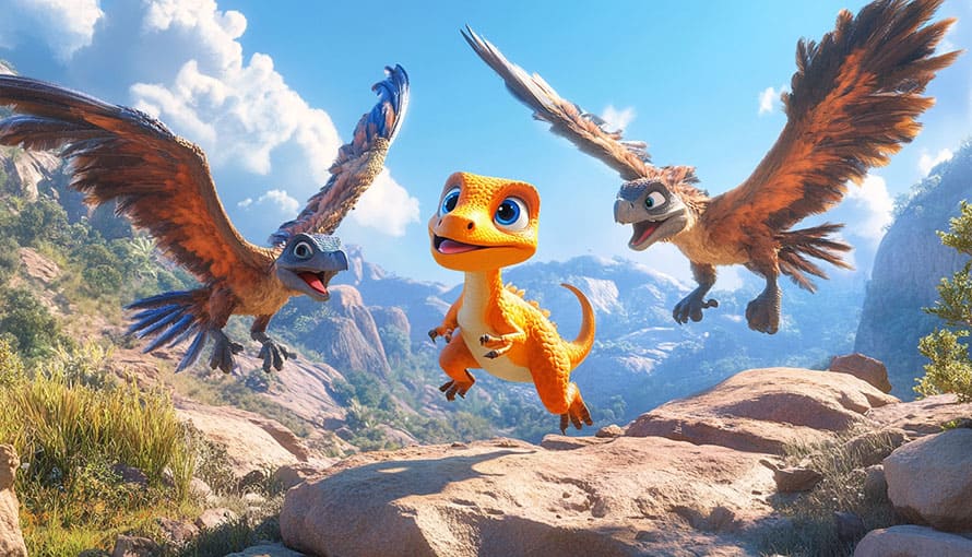 dravé vtáky naháňajú malého dinosaura