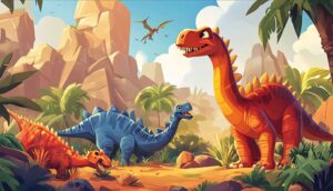Farebné kreslené dinosaury sa pohybujú v bujnej tropickej prehistorickej krajine so skalnatými útesmi a palmami.