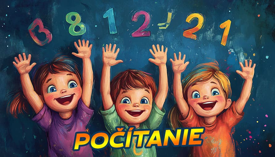 Tri šťastné deti so zdvihnutými rukami pod farebnými číslami, dole text POČÍTANIE.