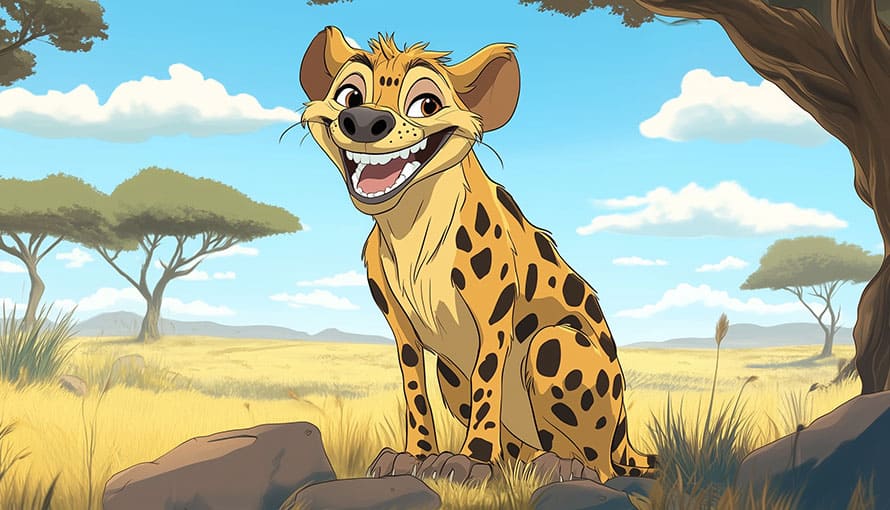 Kreslená hyena so škvrnami sa usmieva, keď sedí v slnečnej africkej savane so stromami a modrou oblohou.