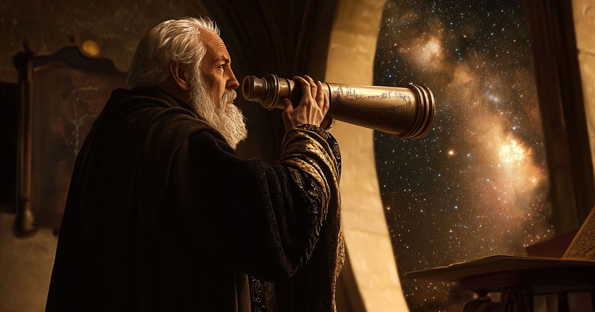 Galileo Galilei pozoruje ďalekohľadom hviezdy