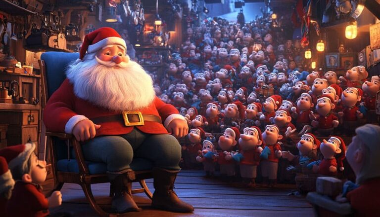 Santa Claus sedí v útulnej dielni obklopený množstvom veselých škriatkov, ktorí ho pozorne počúvajú.
