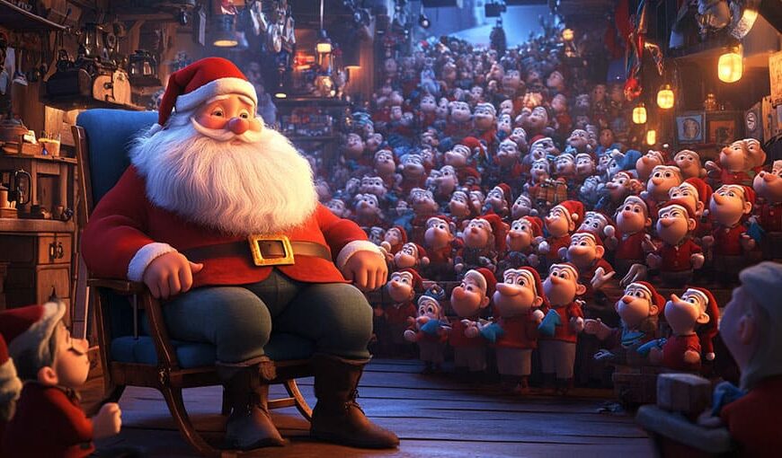 Santa Claus sedí v útulnej dielni obklopený množstvom veselých škriatkov, ktorí ho pozorne počúvajú.