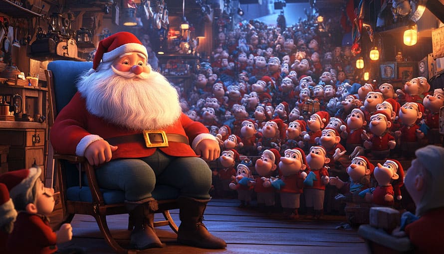 Santa Claus sedí v útulnej dielni obklopený množstvom veselých škriatkov, ktorí ho pozorne počúvajú.