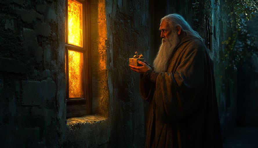 svätý Mikuláš ukladá darček na okno pre chudobné deti