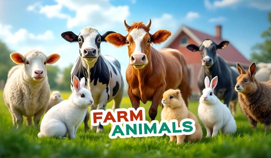 Skupina hospodárskych zvierat vrátane kráv, oviec, kôz, králikov a kačíc stojacich na zelenej tráve s červenou stodolou v pozadí. V dolnej časti uprostred je text "FARM ANIMALS".