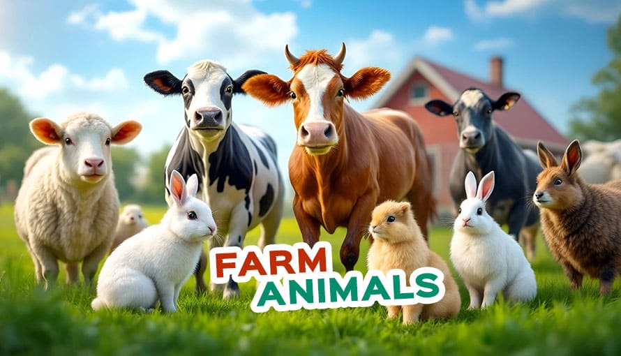 Skupina hospodárskych zvierat vrátane kráv, oviec, kôz, králikov a kačíc stojacich na zelenej tráve s červenou stodolou v pozadí. V dolnej časti uprostred je text "FARM ANIMALS".