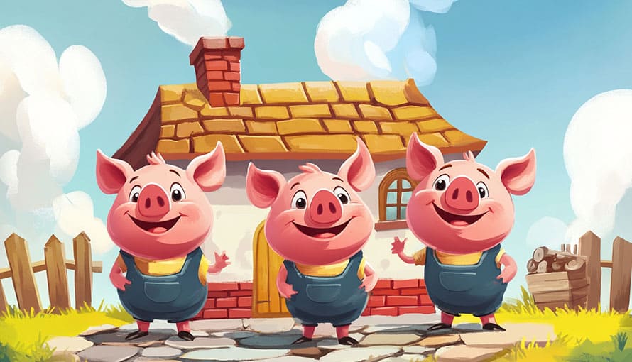 tri prasiatka stoja pred murovaným domom rozprávka