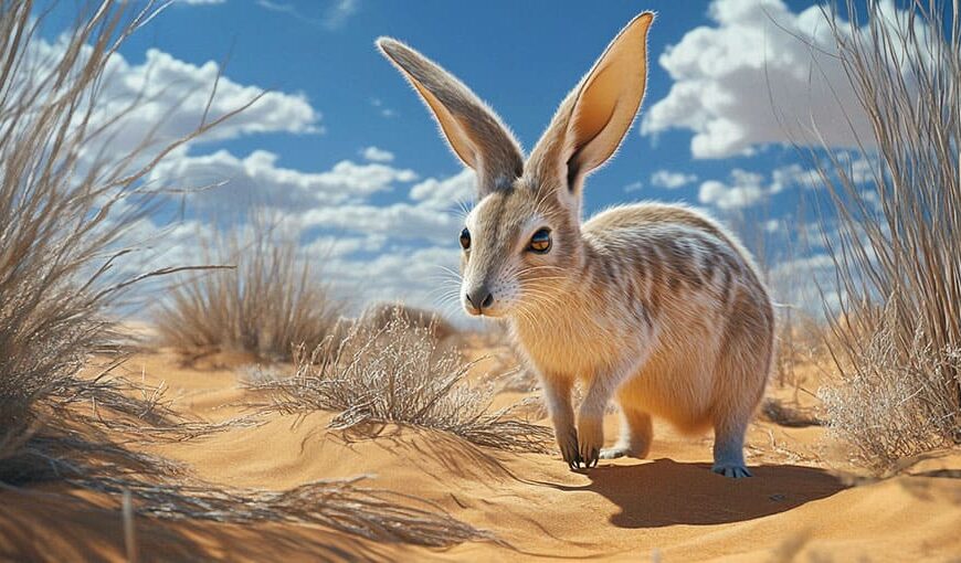 Na oranžovom púštnom piesku obklopenom suchou trávou pod jasne modrou oblohou s roztrúsenými bielymi mrakmi stojí bilby s dlhými ušami a pieskovou srsťou.