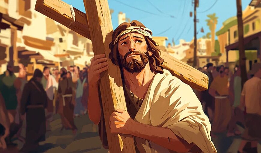 Ježiš nesie kríž ulicou mesta biblický príbeh