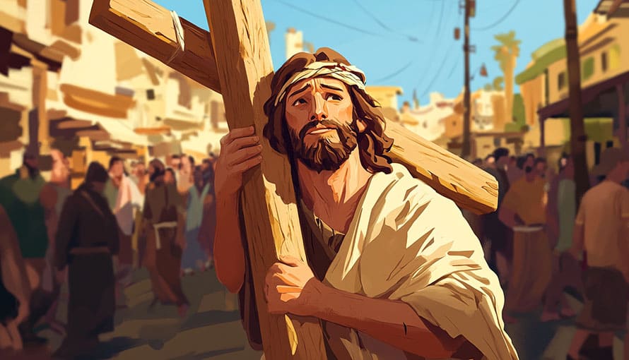 Ježiš nesie kríž ulicou mesta biblický príbeh