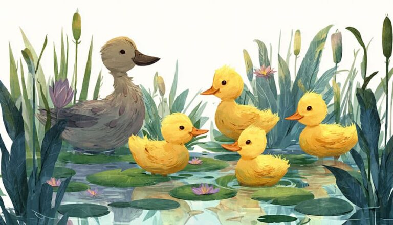 Ilustrácia matky kačice a štyroch žltých kačiatok plávajúcich medzi zelenými leknami a vysokým trstím v rybníku s kvitnúcimi leknami.