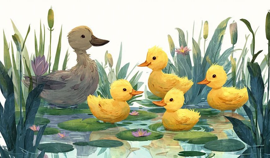 Ilustrácia matky kačice a štyroch žltých kačiatok plávajúcich medzi zelenými leknami a vysokým trstím v rybníku s kvitnúcimi leknami.