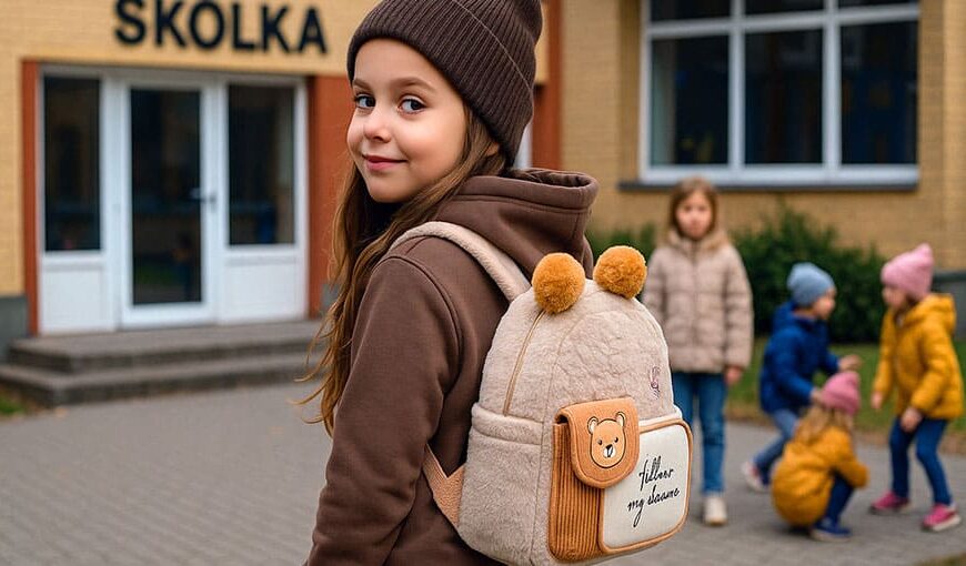 Mladé dievča v hnedej mikine s kapucňou, čiapke a ruksaku s motívom medveďa sa usmieva do kamery pred budovou školy s nápisom ŠKOLKA. V pozadí sa hrajú ďalšie deti.