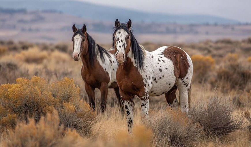 V prérii s vysokou suchou trávou a kríkmi stoja dva kone mustangy; jeden je hnedý a biely Appaloosa so škvrnami a druhý je hnedý s bielou tvárou.