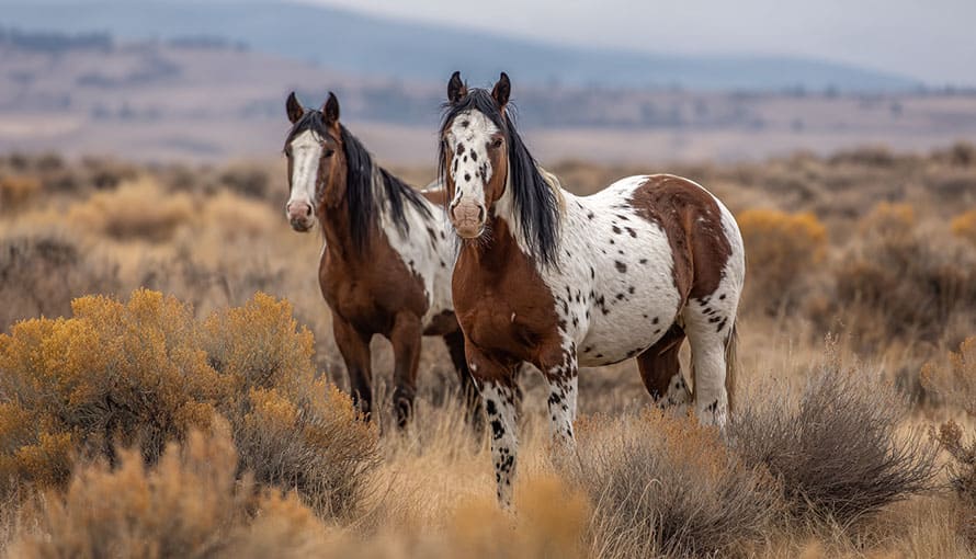 V prérii s vysokou suchou trávou a kríkmi stoja dva kone mustangy; jeden je hnedý a biely Appaloosa so škvrnami a druhý je hnedý s bielou tvárou.