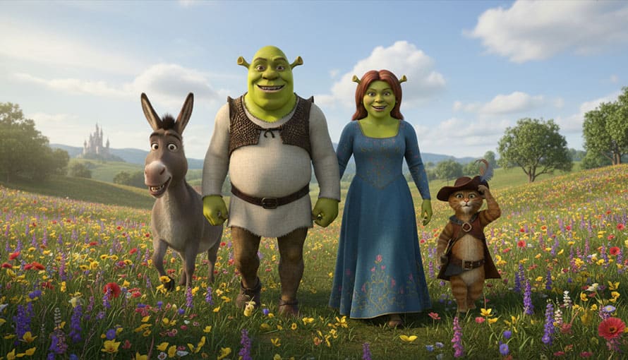 Shrek, Fiona, oslík a kocúr v čižmách sa prechádzajú rozkvitnutou lúkou
