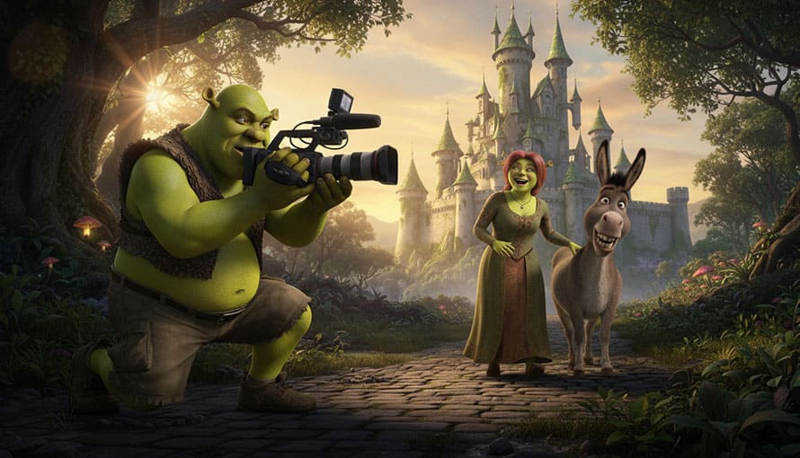Shrek kameruje fionu a oslíka pre kráľovským zámkom