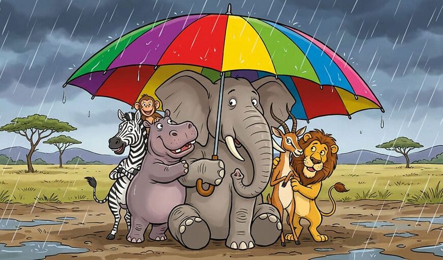 Päť kreslených zvieratiek má v daždi na savane spoločný dúhový dáždnik: slon, zebra, opica, hroch a lev.