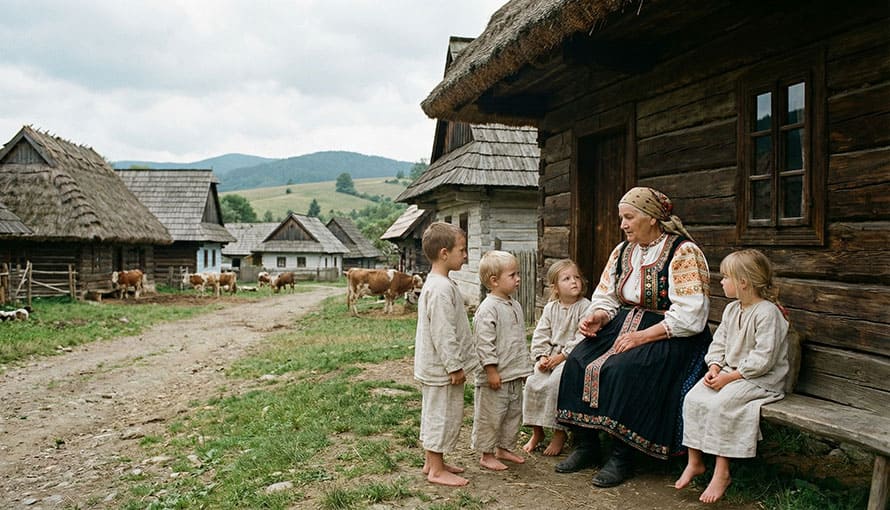 Staršia žena v tradičnom slovenskom kroji sedí pred starou drevenicou a rozpráva deťom rozprávku