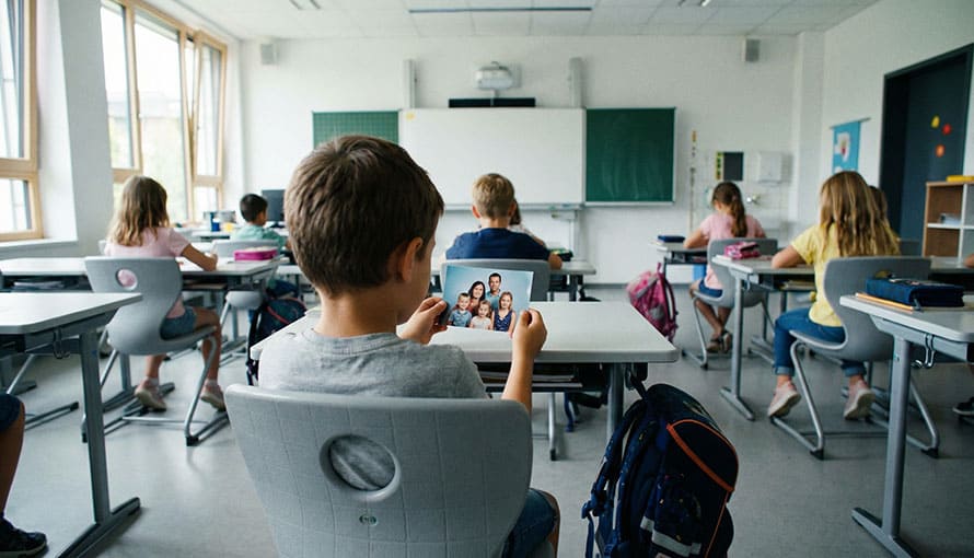 chlapec pozerá na fotku svojej rodiny v školskej učebni