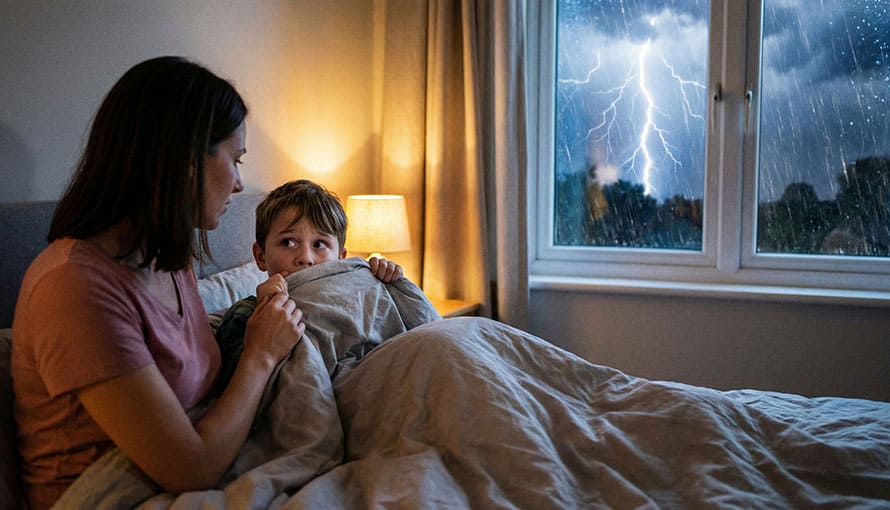 chlapec vo svojej posteli sa bojí búrky mama ho okľudňuje