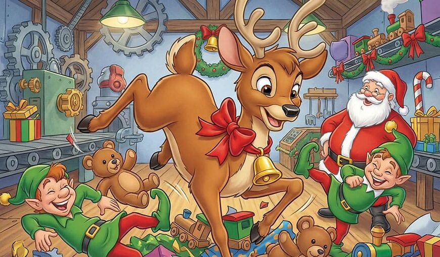 kreslený sob v Santovej vianočnej dielni so Santa Clausom a Elfami