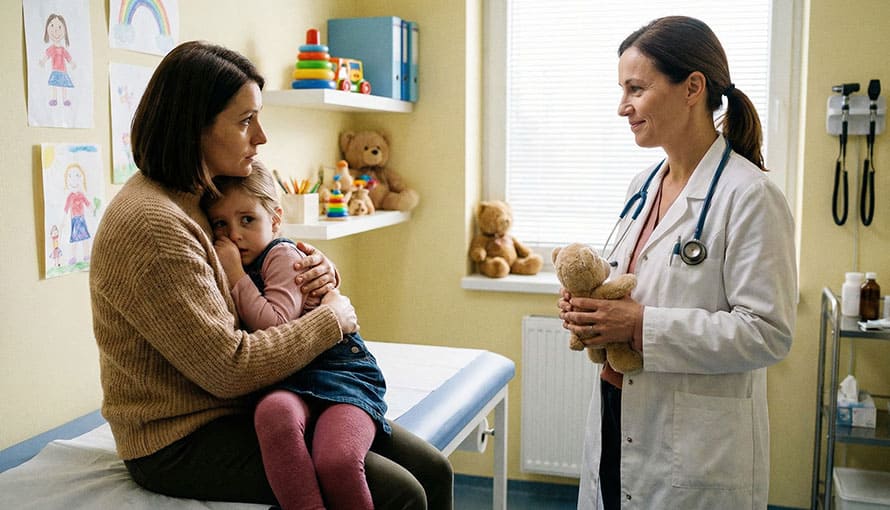 malé dieťa sa bojí doktora mama mu pomáha