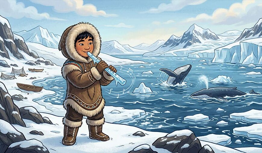 Kreslený muž Inuit hrá na ľadovej flaute na brehu mora kde plávajú veľryby