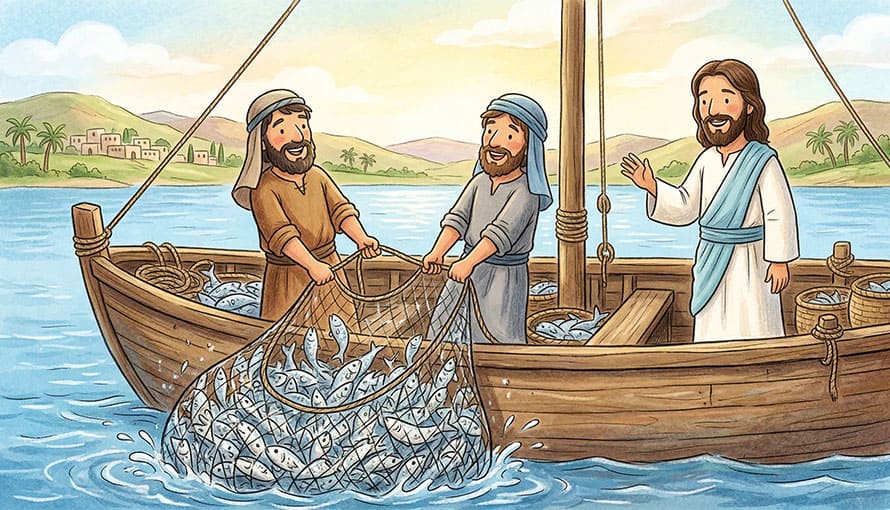 kreslený obrázok Ježiša a dvoch rybárov z biblického príbehu pre deti