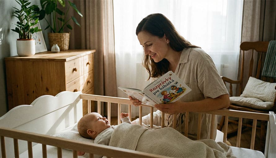 Žena číta detskú knihu dieťaťu, ktoré leží v postieľke v útulnej izbe.