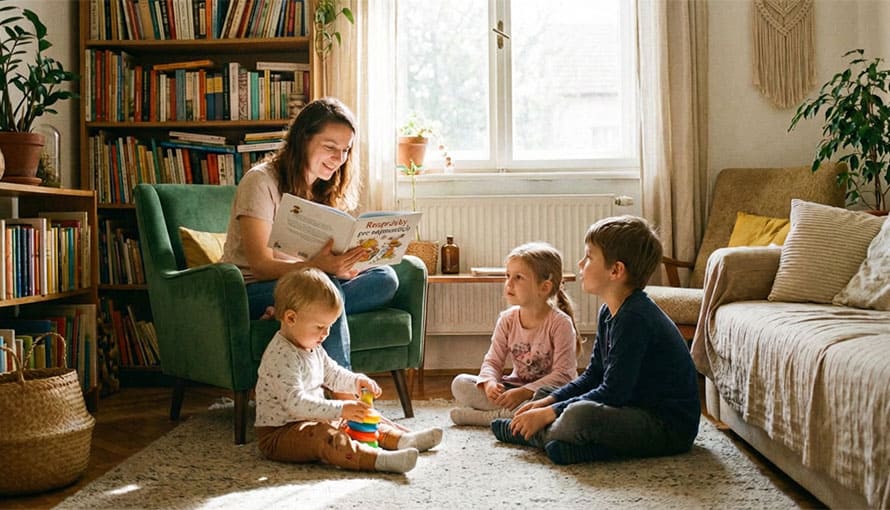 Žena číta trom deťom rozprávku v útulnej obývačke plnej kníh.