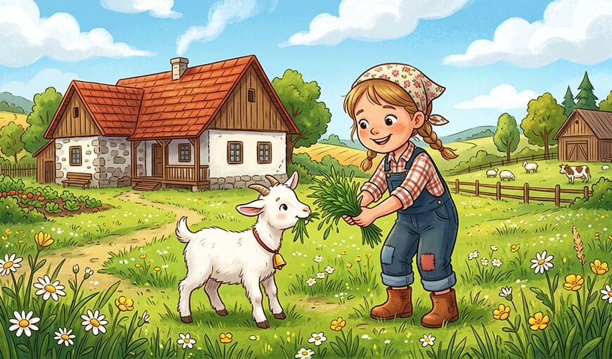 Dievča kŕmi capka trávou pred farmou počas slnečného dňa