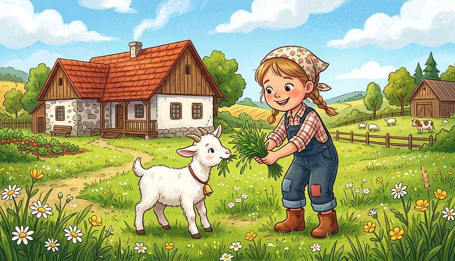 Dievča kŕmi capka trávou pred farmou počas slnečného dňa